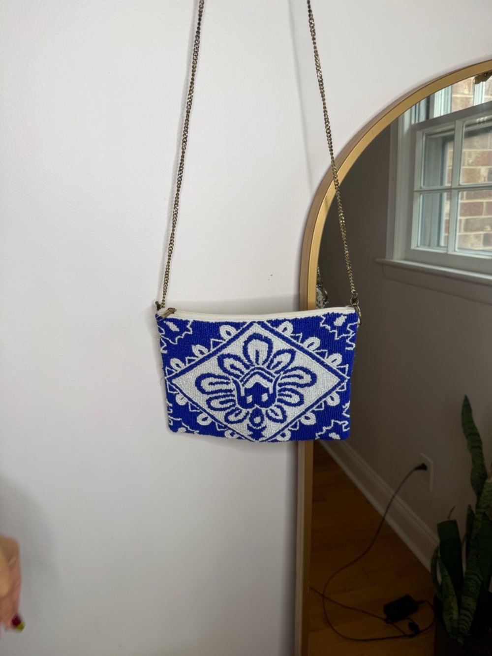 Blue and White Beaded Crossbody Bag